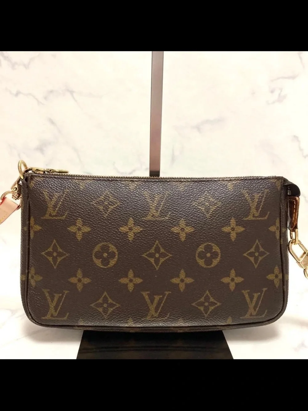 Louis Vuitton Brown Monogram Crossbody Pochette with Red-Trim Strap